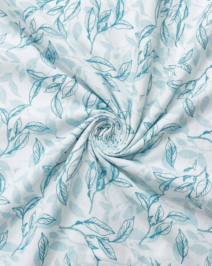 Teal Line Art Botanical Cotton