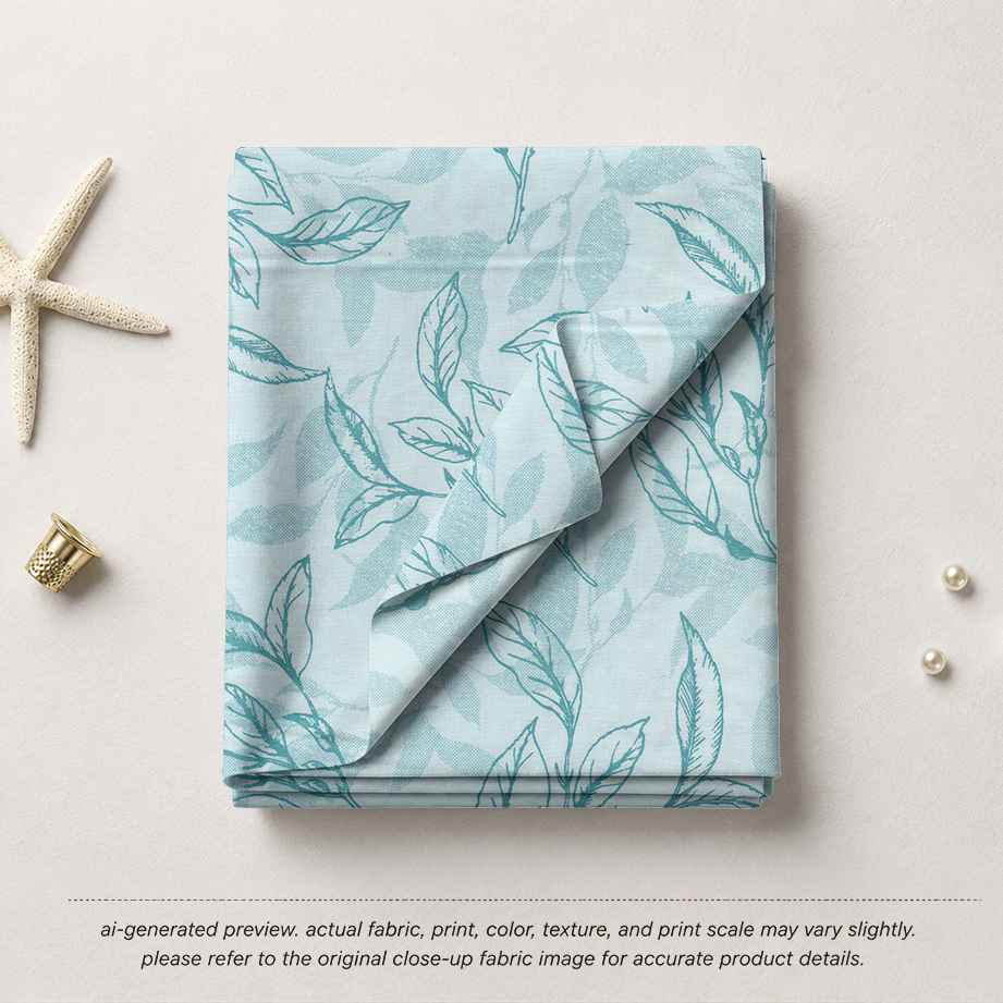 Teal Line Art Botanical Cotton
