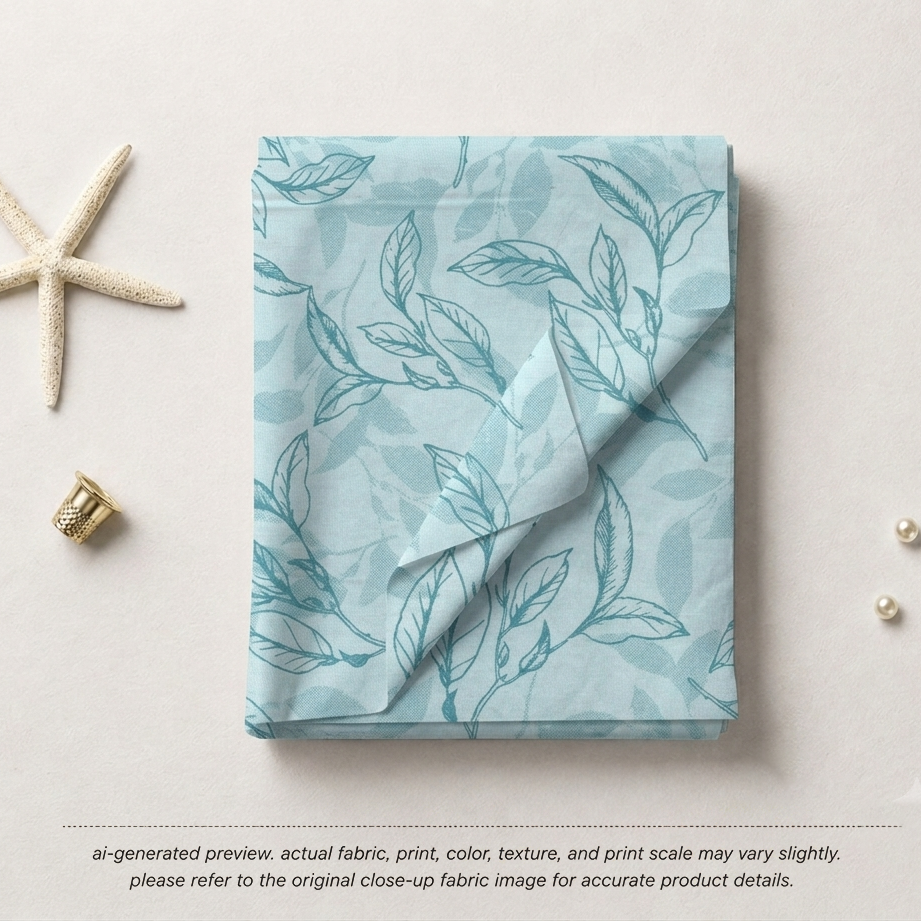 Teal Line Art Botanical Cotton