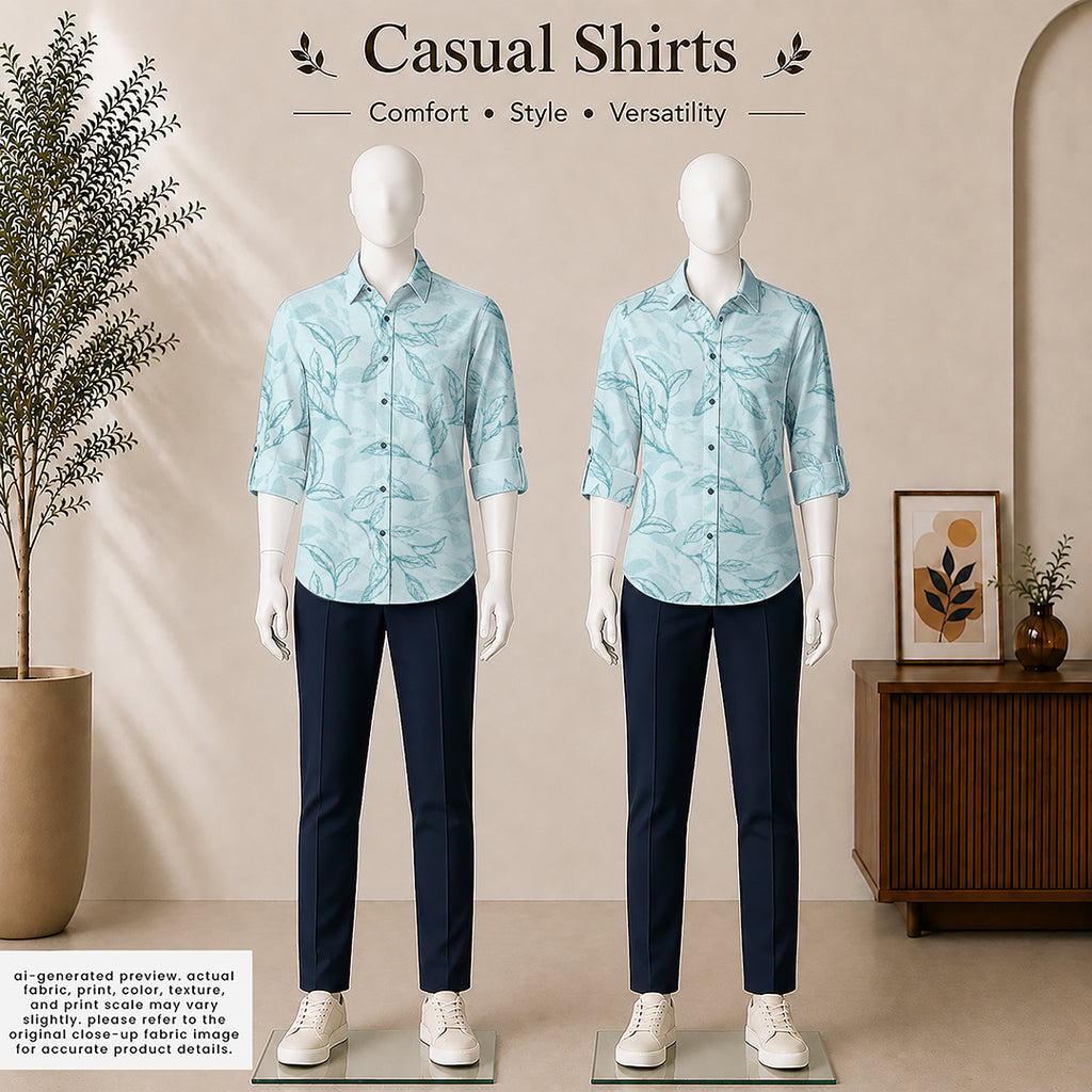 Teal Line Art Botanical Cotton