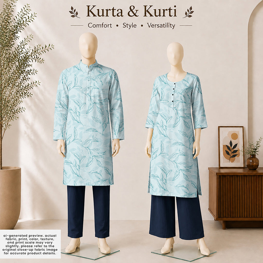Teal Line Art Botanical Cotton