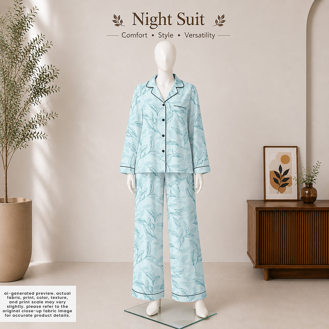 Teal Line Art Botanical Cotton