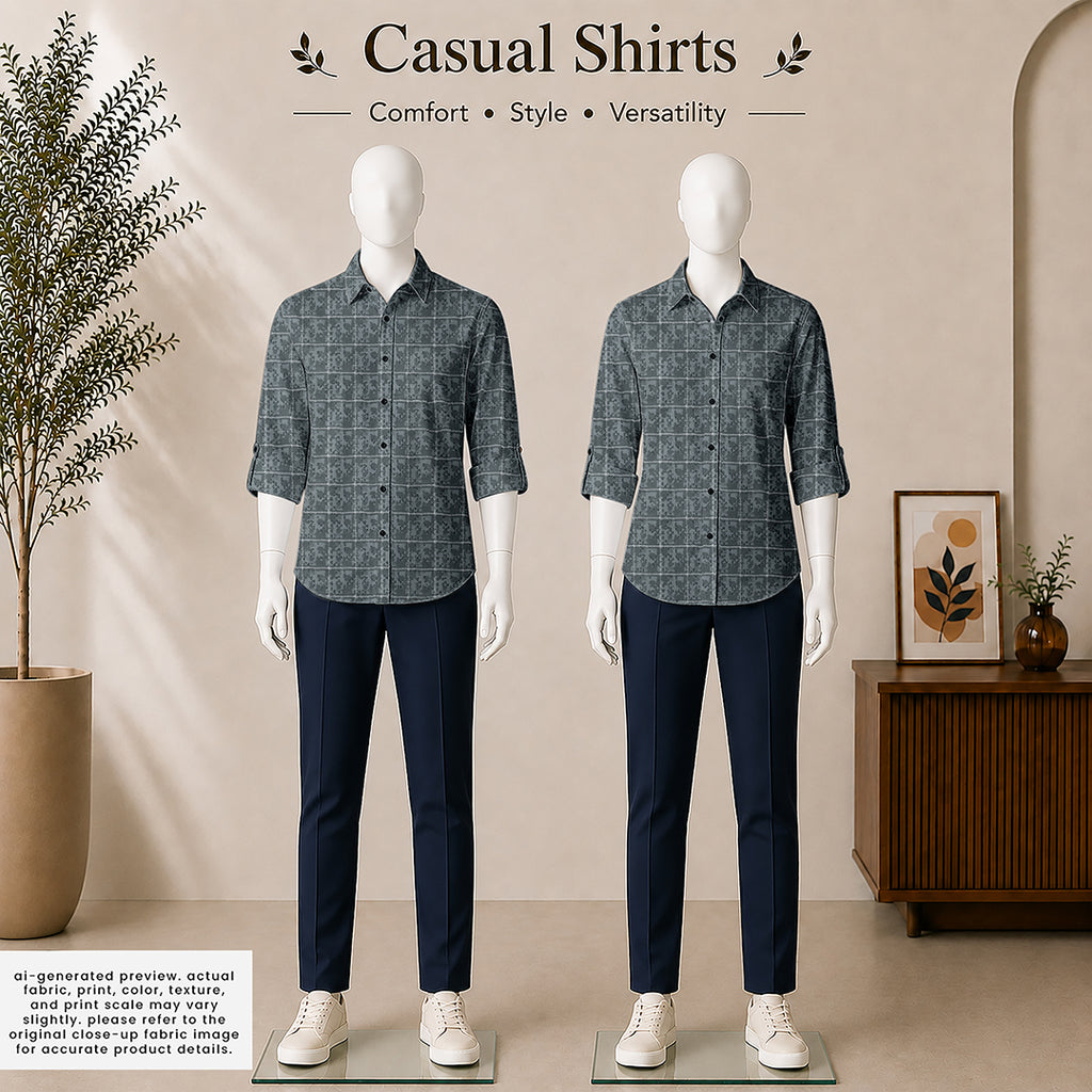 Steel Blue Pixel Check Cotton